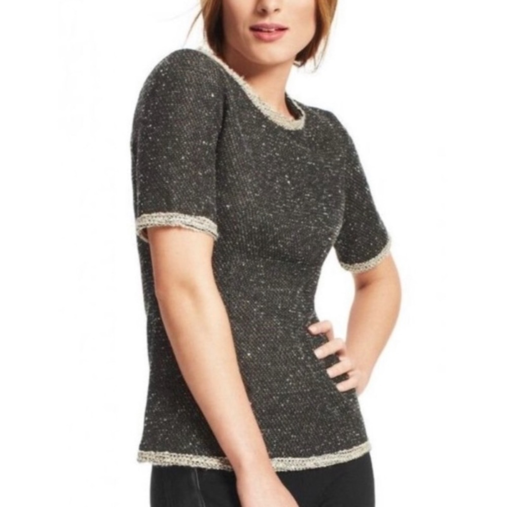 Cabi Coco Tweed Gray Exposed Zipper Blouse Top XS